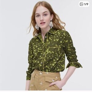 J. Crew Floral Camouflage Button Down Olive Green Top